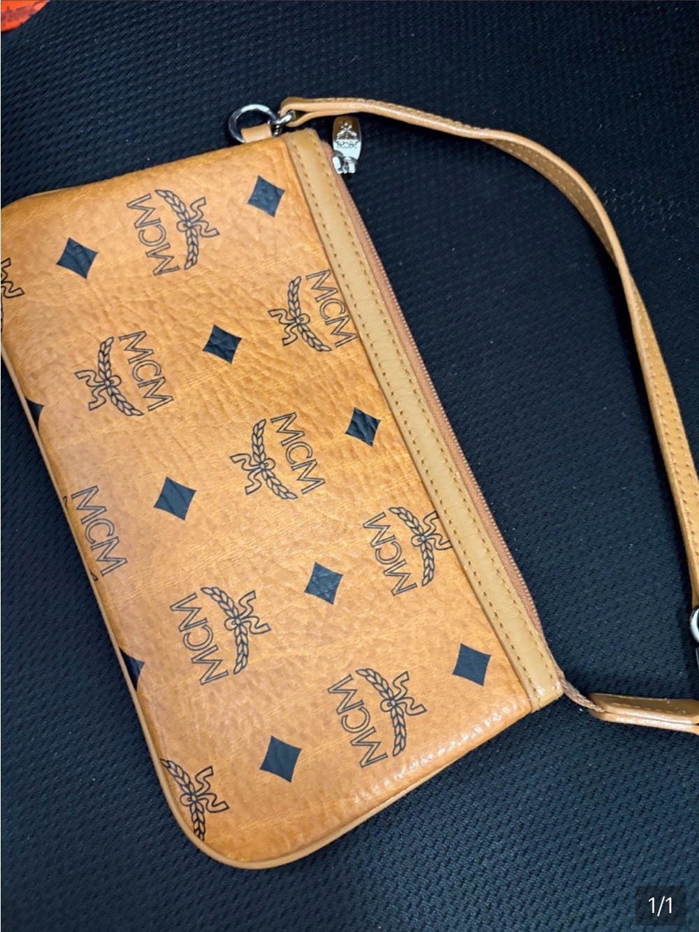 MCM Cognac Logo Zip Wristlet with Black Accents
